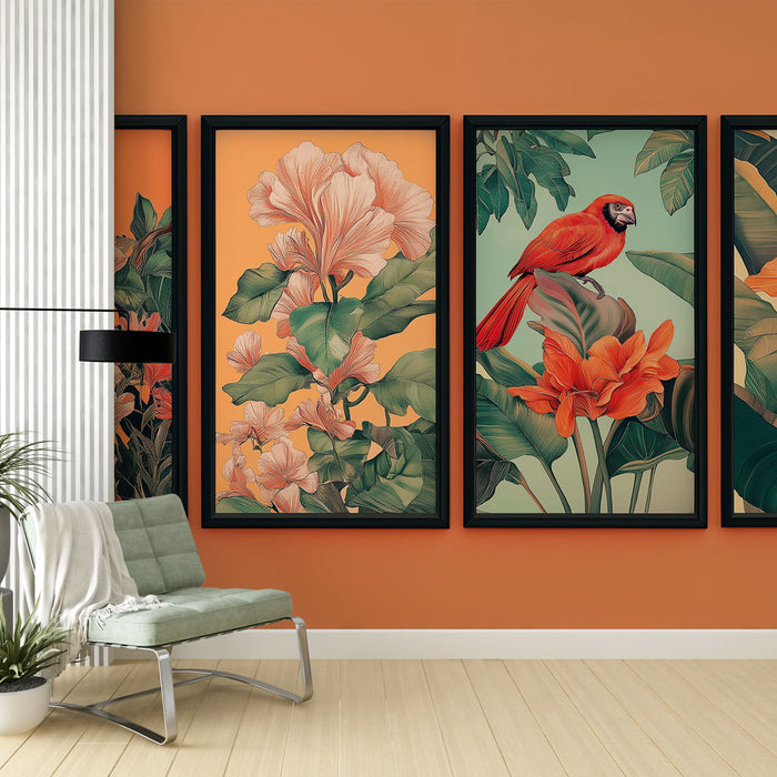 Papier peint floral exotique | Motifs vibrants de fleurs et oiseaux tropicaux