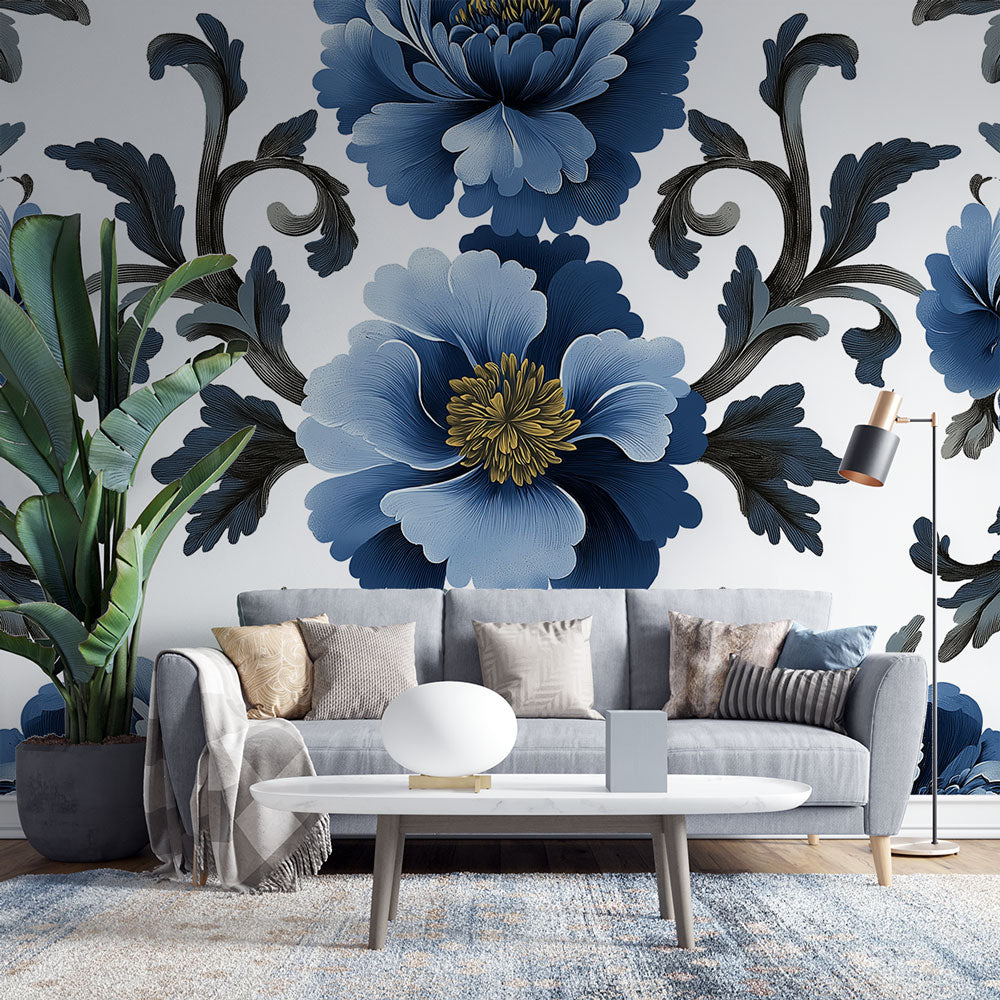 Papier peint floral | Fleur bleue sur fond blanc — LePapierPeint