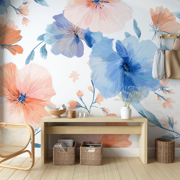 Une entrée lumineuse avec un papier peint floral aux grandes fleurs bleu et corail, créant une ambiance fraîche et accueillante.
