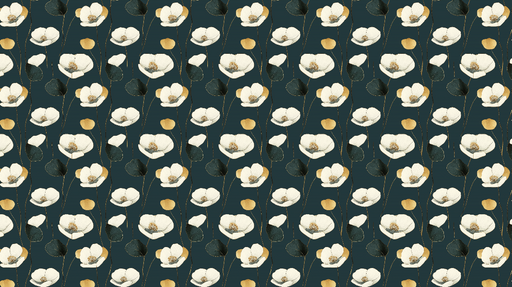 Papier peint floral Fleurs blanches avec feuillage doré sur fond bleu nuit