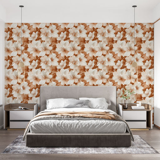 Une chambre moderne avec un papier peint floral aux grandes fleurs blanches sur fond brun, créant une atmosphère chaleureuse et accueillante.