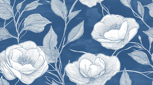 Papier peint floral avec fleurs blanches sur fond bleu profond pour décoration murale élégante.