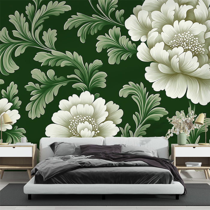 Papier peint floral | Fleurs blanches sur fond vert