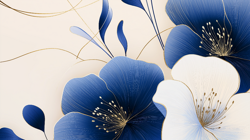 Papier peint floral bleu et blanc avec touches dorées pour décoration murale élégante.