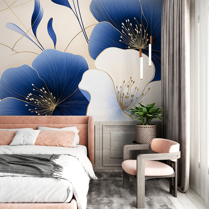 Papier peint floral | Fleurs bleues et blanches avec touches dorées