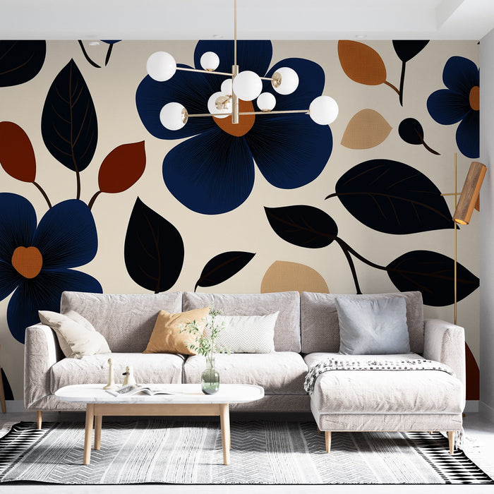 Papier peint floral avec fleurs bleues et feuilles élégantes sur fond doux pour salon moderne.