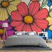 Papier peint floral coloré avec grandes fleurs illustrées pour chambre moderne