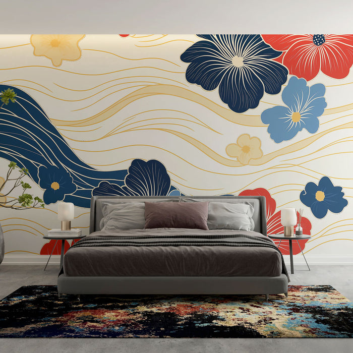 Papier peint floral coloré avec fleurs sur vagues délicates pour chambre moderne.