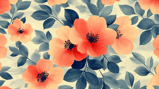 Papier peint floral Fleurs corail et feuillage élégant