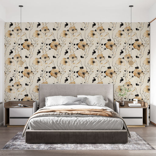 Une chambre moderne avec un papier peint floral beige et noir, orné de délicates fleurs évoquant une ambiance douce et élégante.