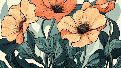 Papier peint floral avec fleurs délicates dans des teintes orangées et vertes pour décoration murale élégante.