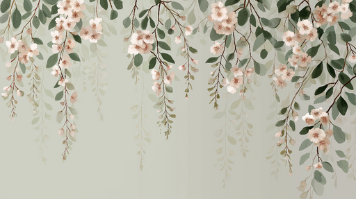 Papier peint floral Fleurs délicates et feuillage apaisant sur fond vert