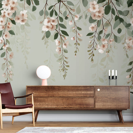 Une pièce moderne avec un papier peint floral aux teintes douces de vert et de rose, créant une ambiance apaisante et naturelle.