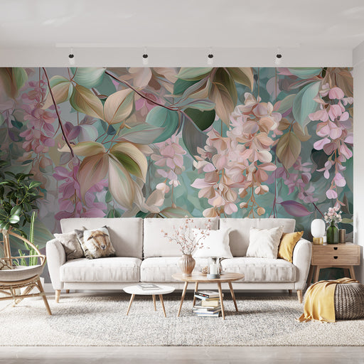 Une salle de séjour élégante avec un papier peint floral aux teintes douces de rose et de vert, créant une atmosphère apaisante et naturelle.