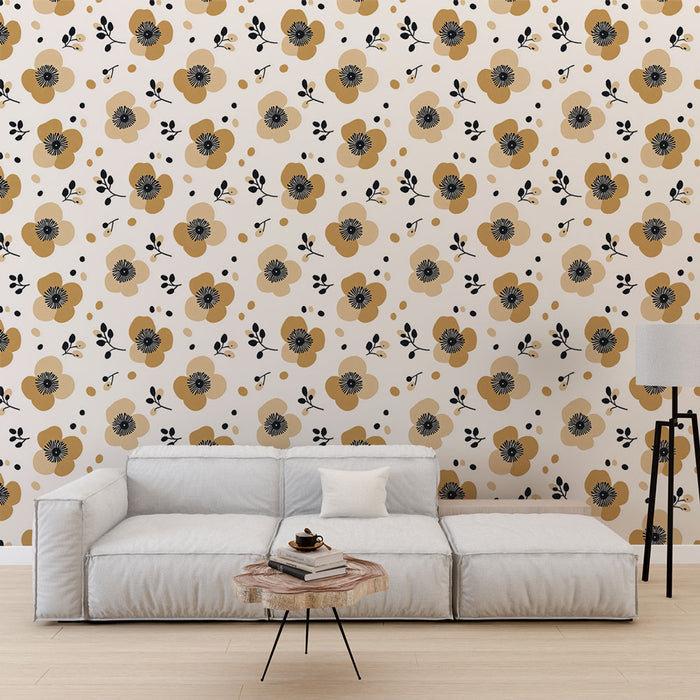 Un salon contemporain avec un papier peint floral aux motifs de fleurs dorées et noires sur fond clair, créant une atmosphère chaleureuse et accueillante.