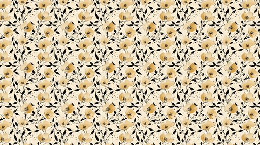 Papier peint floral Fleurs dorées sur fond crème avec motifs noirs