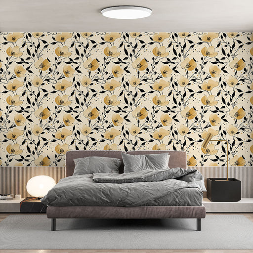 Une chambre moderne avec un papier peint floral aux motifs jaunes et noirs sur fond crème, créant une ambiance chaleureuse et accueillante.
