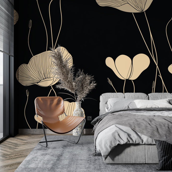 Papier peint floral | Fleurs dorées sur fond noir élégant
