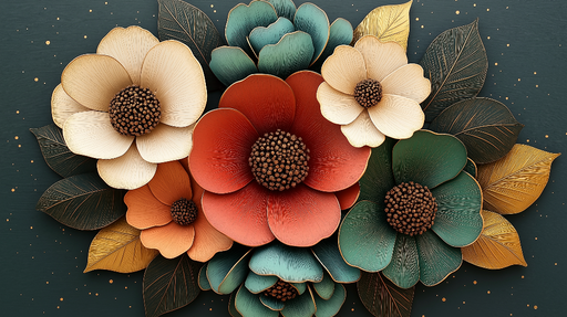 Papier peint floral Fleurs en relief sur fond vert