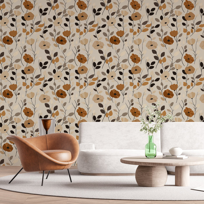 Un salon moderne avec un papier peint floral aux teintes chaudes de beige, orange et marron, créant une ambiance accueillante et naturelle.