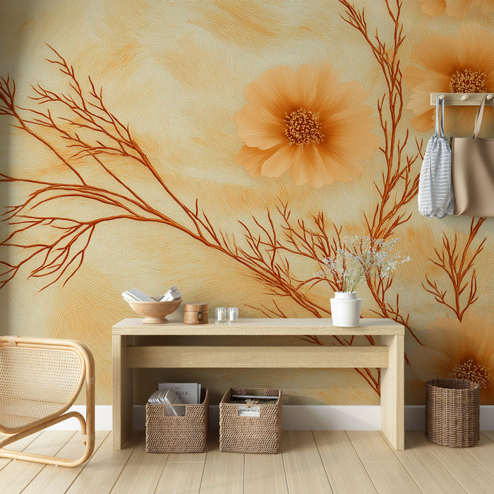 Papier peint floral | Fleurs et Branches Orange sur Fond Beige