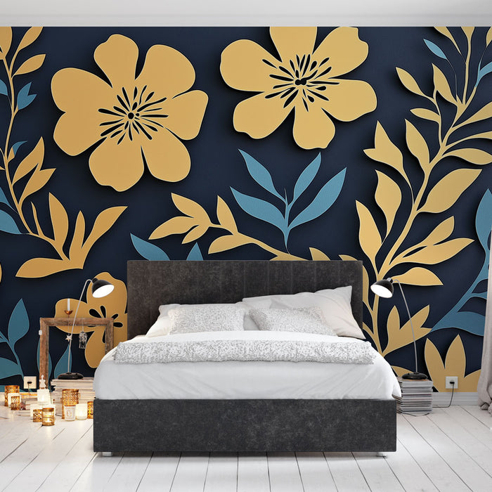 Papier peint floral avec fleurs et feuillages découpés en papier jaune et bleu pour chambre moderne.