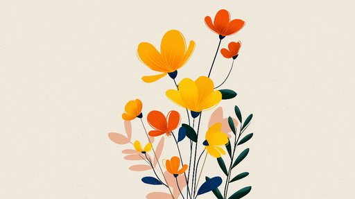 Papier peint floral Fleurs jaunes et orange sur fond crème