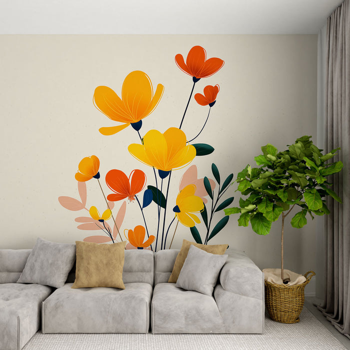 Un salon moderne avec un papier peint floral aux teintes vives d'orange et de jaune, créant une atmosphère joyeuse et accueillante.
