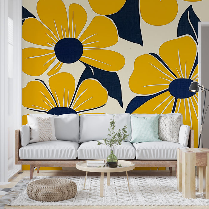 Papier peint floral | Fleurs jaunes lumineuses avec feuillage bleu
