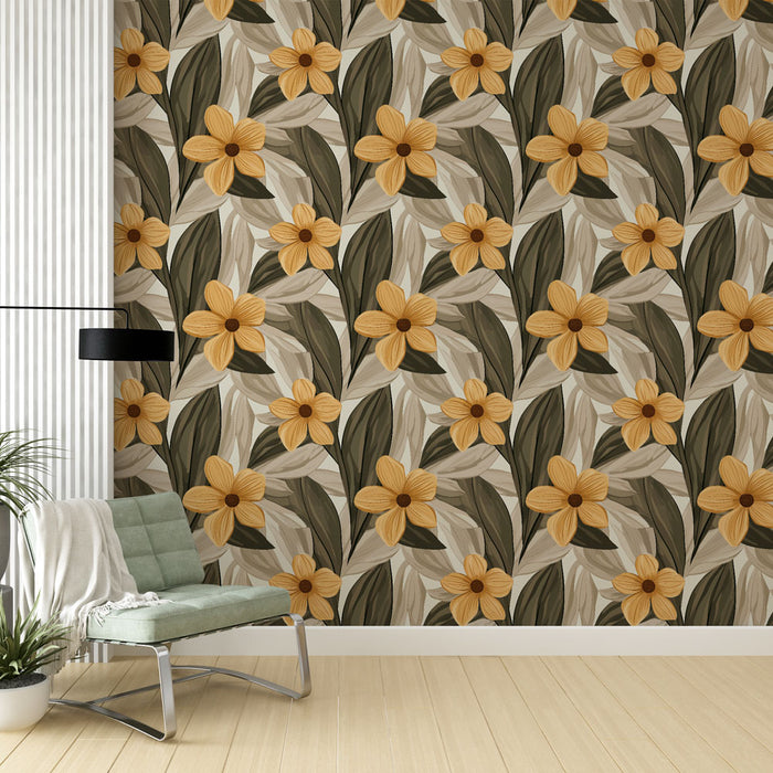 Une chambre moderne avec un papier peint floral aux grandes fleurs jaunes et feuillages verts sur fond beige, créant une ambiance chaleureuse et accueillante.