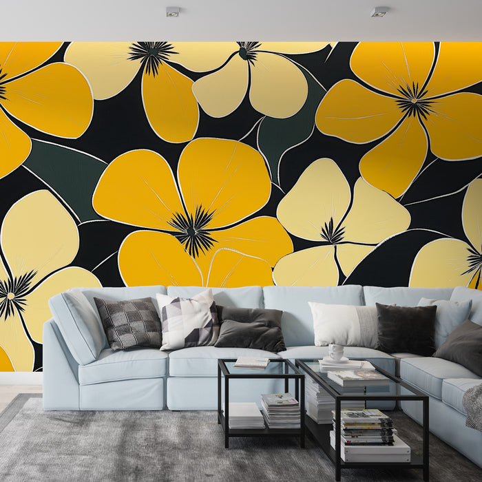 Papier peint floral | Fleurs jaunes sur fond noir stylisé