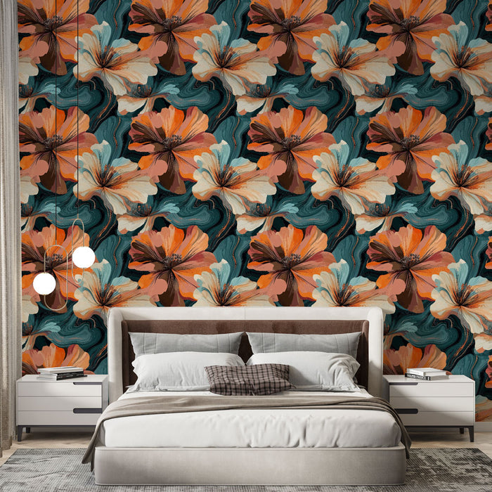Une chambre moderne avec un papier peint floral aux grandes fleurs orange et crème sur fond turquoise, créant une ambiance chaleureuse et dynamique.
