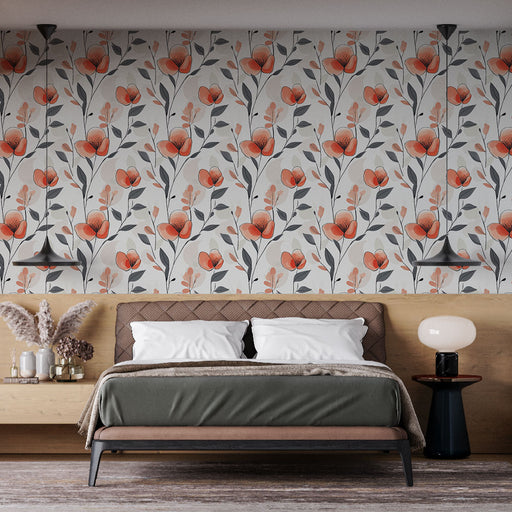 Une chambre moderne avec un papier peint floral aux motifs de fleurs orange et feuilles grises sur fond clair, créant une atmosphère chaleureuse et accueillante.