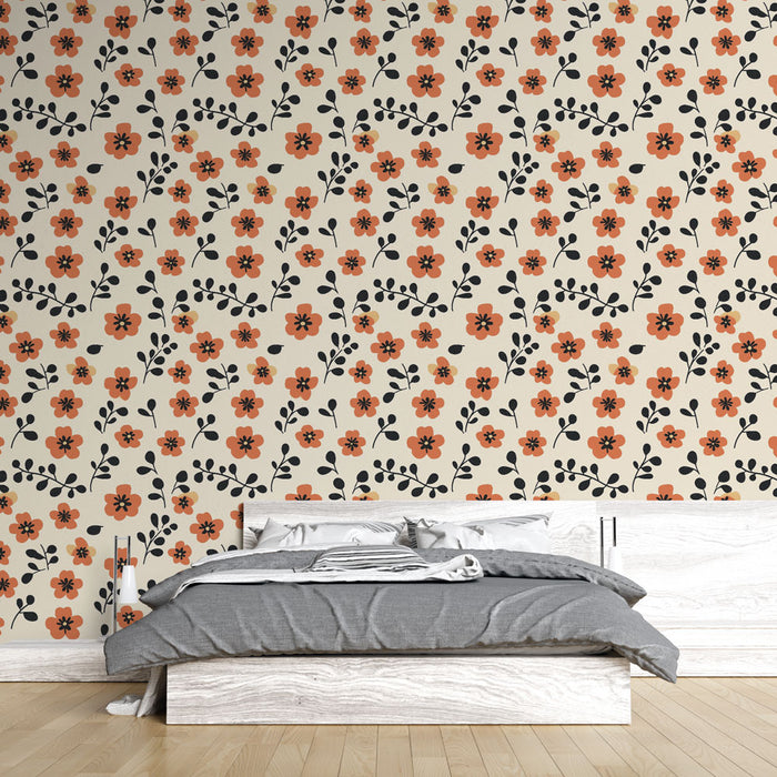 Une chambre moderne avec un papier peint floral beige orné de fleurs orange et de feuillages noirs, créant une atmosphère chaleureuse et accueillante.