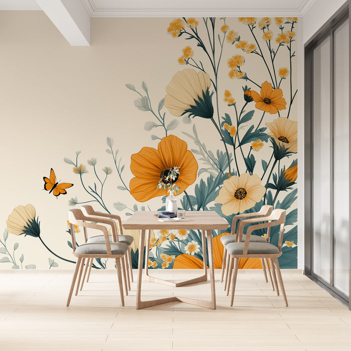 Papier peint floral | Fleurs oranges et monotones