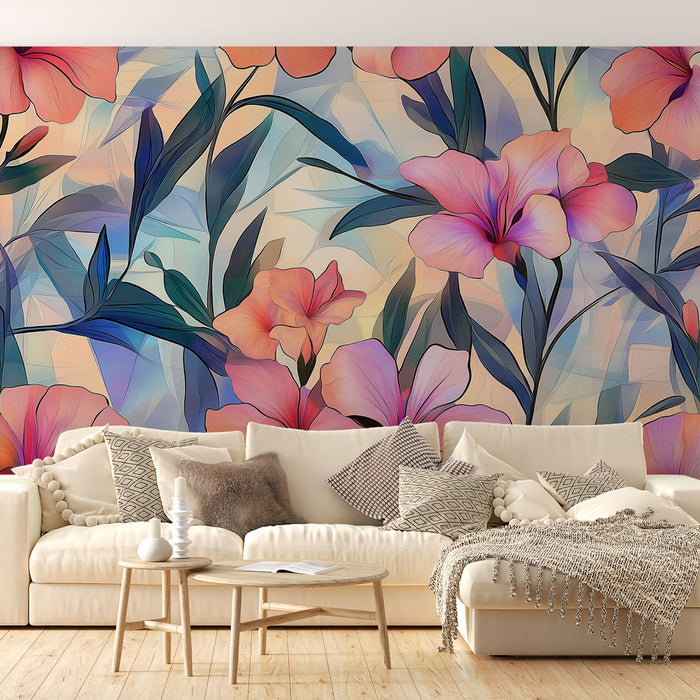 Papier peint floral | Fleurs pastel et feuillage délicat