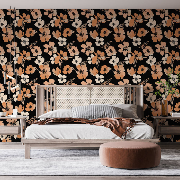 Une chambre moderne avec un papier peint floral aux teintes pêche et crème sur fond noir, créant une atmosphère chaleureuse et élégante.