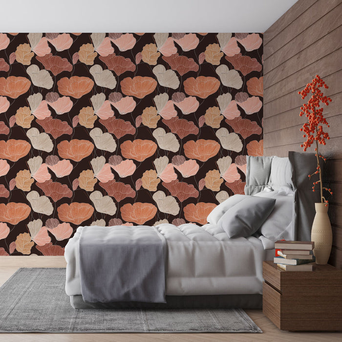 Une chambre moderne avec un papier peint floral aux teintes chaudes de rose et d'orange sur fond marron, créant une atmosphère accueillante et élégante.