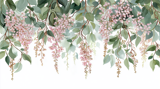 Papier peint floral Fleurs roses et feuillage délicat en aquarelle