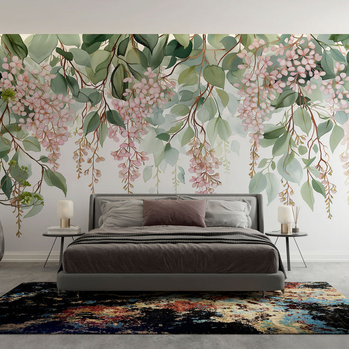 Une chambre moderne avec un papier peint floral représentant des branches de fleurs roses et de feuillages verts, créant une ambiance douce et apaisante.