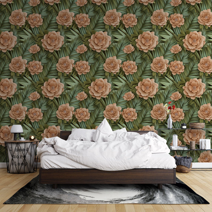 Une chambre moderne avec un papier peint floral aux grandes roses beige sur fond vert, créant une atmosphère chaleureuse et apaisante.