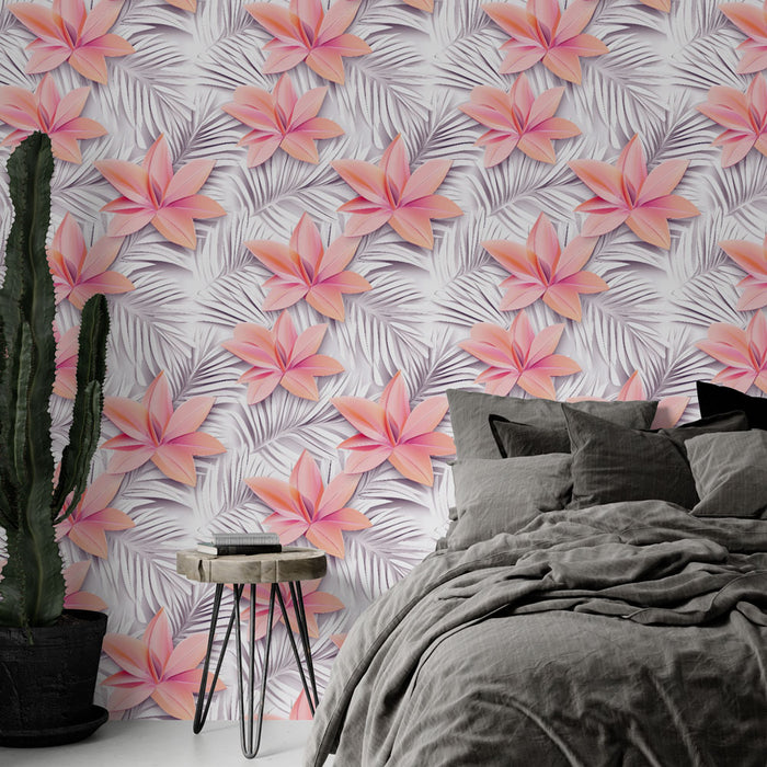 Une chambre moderne avec un papier peint floral aux grandes fleurs roses sur fond de feuillage délicat, créant une ambiance douce et apaisante.