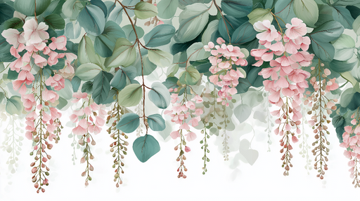 Papier peint floral Fleurs roses et feuilles vertes délicates en cascade