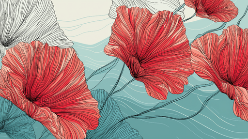 Papier peint floral Fleurs rouges aux lignes délicates sur fond aquatique