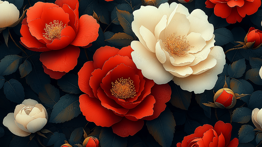 Papier peint floral Fleurs rouges et blanches sur fond sombre