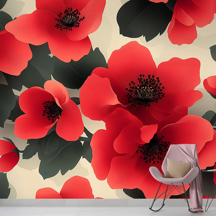 Papier peint floral | Fleurs rouges sur fond neutre