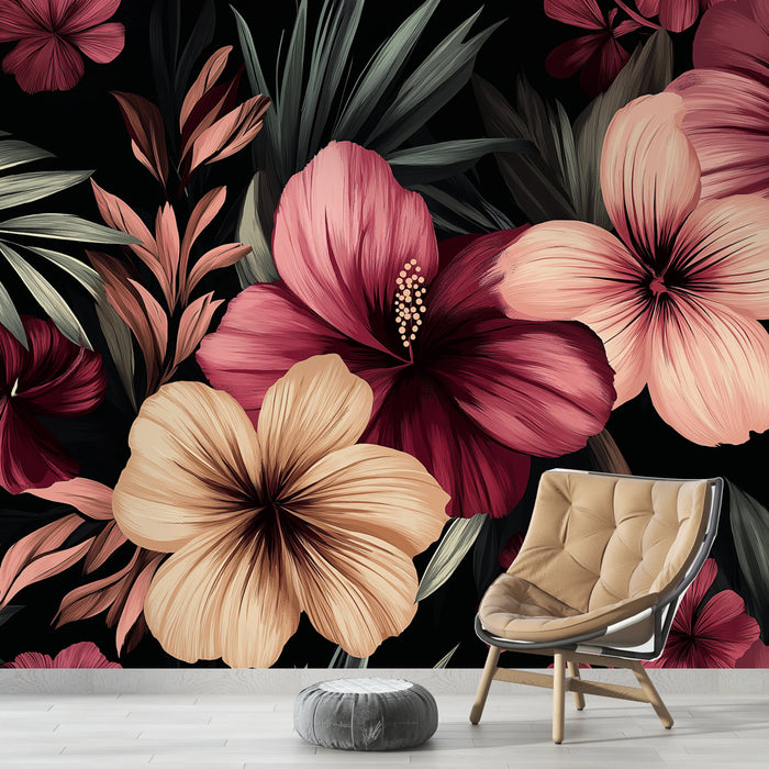 Papier peint floral | Fleurs tropicales sur fond noir