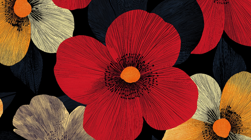 Papier peint floral avec fleurs vibrantes rouges et jaunes sur fond noir pour décoration murale élégante.