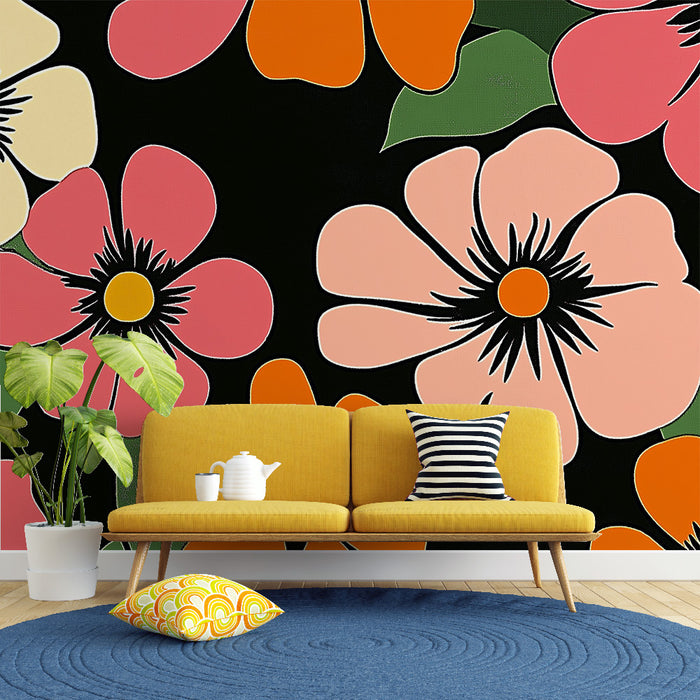 Papier peint floral | Fleurs vibrantes sur fond noir