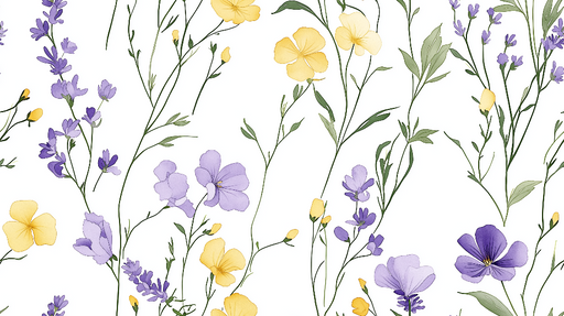 Papier peint floral avec fleurs violettes et jaunes sur fond blanc pour décoration murale élégante.